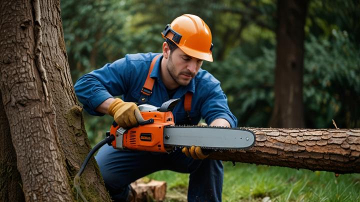 Tree surgeon. Working with a chainsaw. Sawing wood with a chainsaw.