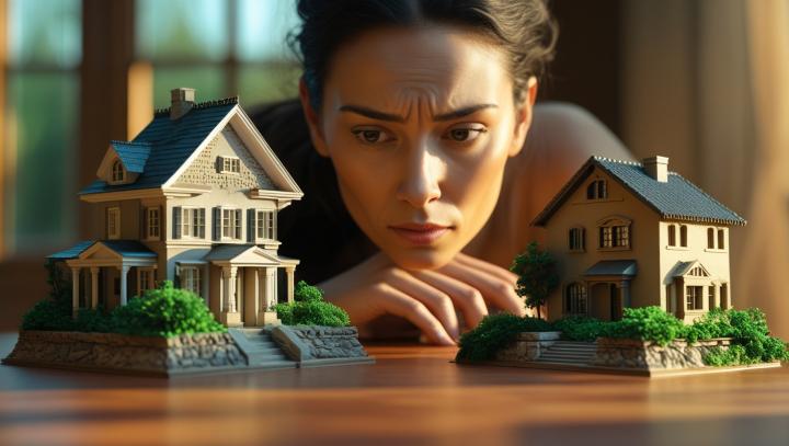 A woman is thinking about which of two houses to choose to buy